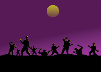 Zombies on road.Group of silhouette zombies on black mountain have moon and purple sky background