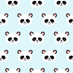 Fototapeta premium Bezszwowe wektor wzór niedźwiedź panda wzór na jasnoniebieskim tle. Małe pandy z różnymi gestami.