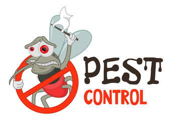 Funny vector illustration of pest control logo for fumigation business. Comic locked mosquito. Design for print, emblem, t-shirt, sticker, logotype, corporate identity, icon.