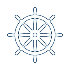 Nautical blue helm isolated on white. Ship and boat steering wheel sign. Boat wheel control icon. Rudder label.