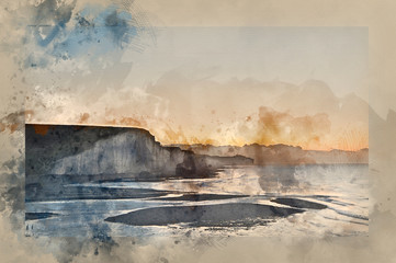 Watercolor painting of Seven Sisters chalk cliffs Winter sunrise