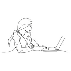 Kobieta pracująca z laptopem. Rysunek jedną linią wektor. - obrazy, fototapety, plakaty