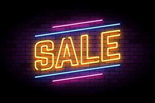Neon sign in retro style for sale and discount. Vector illustration for product promotions and offers.