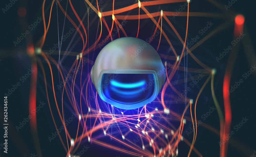 Poster Global computer monitoring network. Artificial intelligence drone 3D illustration. Digital Web. Future wireless technologies