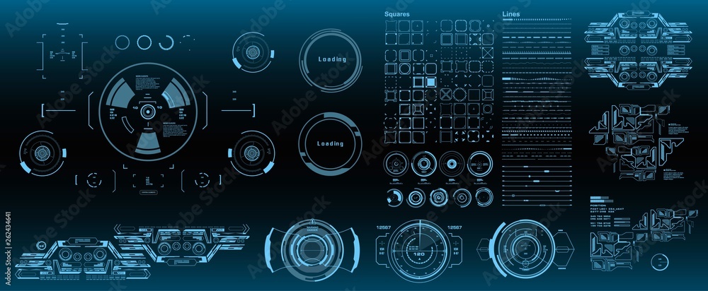 Wall mural hud elements mega set pack. dashboard blue display virtual reality technology screen. futuristic blu