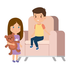little kids couple sitting in sofa with bear teddy