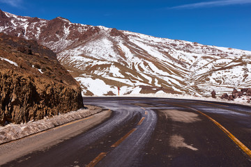 Road at the top of the pass TIZI N'TICHKA,  in the High Atlas, MOROCCO