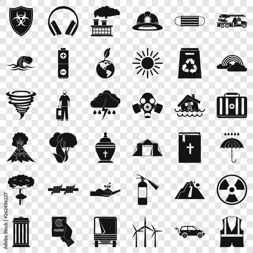Aufkleber danger disaster icons set. simple style of 36 danger disaster vector icons for web for any design
