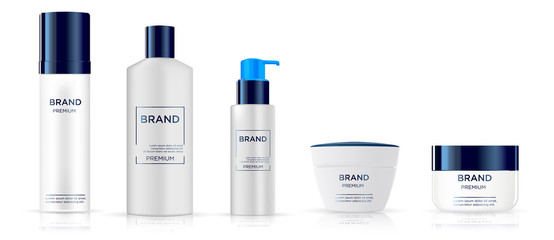 Round white, blue and silver plastic bottle set with dispenser for  liquid soap, lotion, shampoo, shower gel, lotion, body milk.  Realistic packaging mockup template. Side view. With gold and silver l