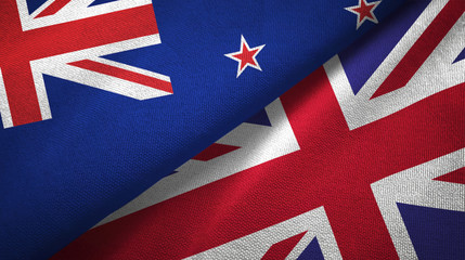 New Zealand and United Kingdom two flags textile cloth, fabric texture