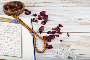 Koran and rosary beads  for Islamic concept. Holy book quran for Muslims holiday, Ramadan,blessed Friday.