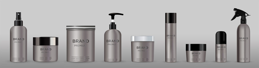 Blank cosmetic package metal mockup isolated on grey background set.  Metal tube for foam hear styling, hair spray, deodorant, creme.  Mock up vector illustration. Black and silver cap.