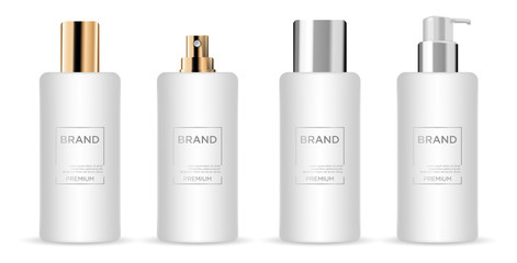 Round white gold, grey and silver plastic bottle set with dispenser for  liquid soap, lotion, shampoo, shower gel, lotion, body milk.  Realistic packaging mockup template. Side view. With gold and sil