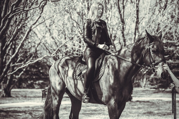 Rider elegant woman talking to her horse. Portrait of horse pure breed with woman. Equestrian horse...