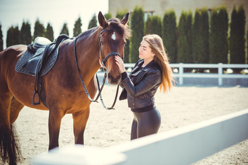 Fototapeta premium Rider elegant woman talking to her horse. Portrait of horse pure breed with woman. Equestrian horse with rider playpen for horses background 