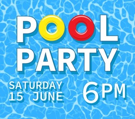 Pool party poster, yellow and red rubber ring floating on water. Pool or Beach Party Invitation Template Card. Vector illustration in flat style