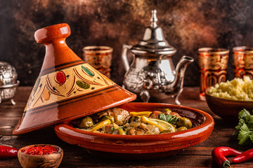 Traditional Moroccan chicken tagine with olives and salted lemons