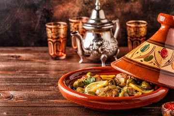 Traditional Moroccan chicken tagine with olives and salted lemons