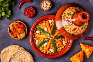 Vegetable tagine with almond and chickpea couscous