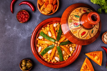 Vegetable tagine with almond and chickpea couscous