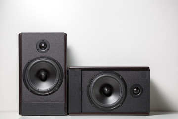 Black music speakers. Speaker range. On white background.