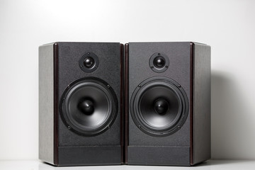 Black music speakers. Speaker range. On white background.