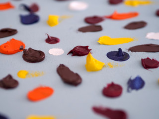 Hand drawn oil painting .Oil painting on canvas. Multi color  background.abstract  background and textured.brushstroke colorful art. Fragment of artwork. Spots of paint. Modern art. Contemporary art.