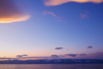 Fototapeta premium Twilight sky sunset and cloud near Cape Burkhan, Khuzhir, Irkutskaya Oblast, Baikal, Siberia, Russia