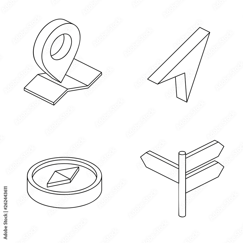 Poster map way compass buttons 3d vector line art icon isometric minimalism illustrate