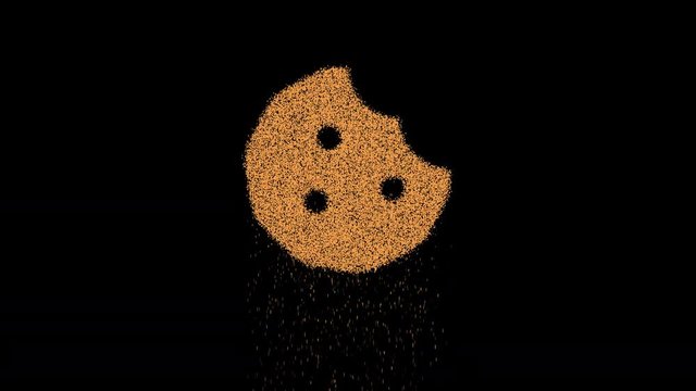 Symbol cookie bite appears from crumbling sand. Then crumbles down. Alpha channel Premultiplied - Matted with color black