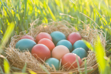 basket with painted colorful easter eggs 