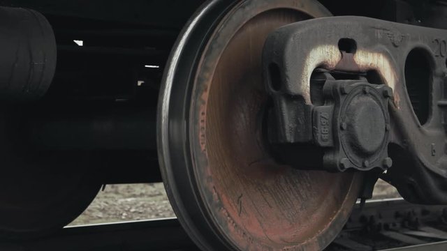 Closeup view of the wheels of a train