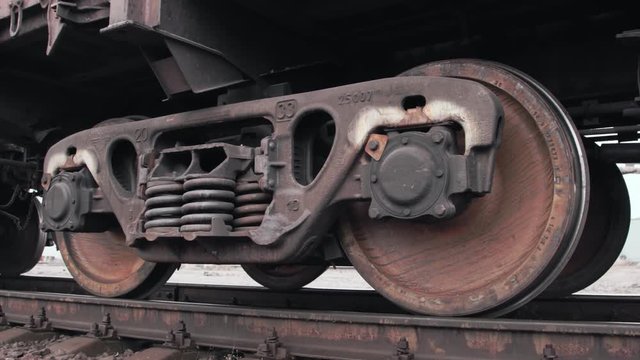 Closeup view of the wheels of a train