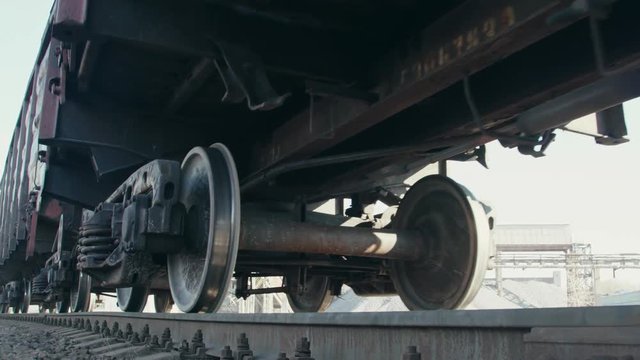 Closeup view of the wheels of a train