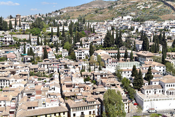Aerial view of the city of Granada, Albaycin , viewed from the Alhambra palace in Granada, Spain