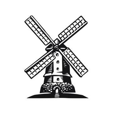 High detailed sign of an old Windmill. Hand drawn vector illustration. Retro style. Logo.