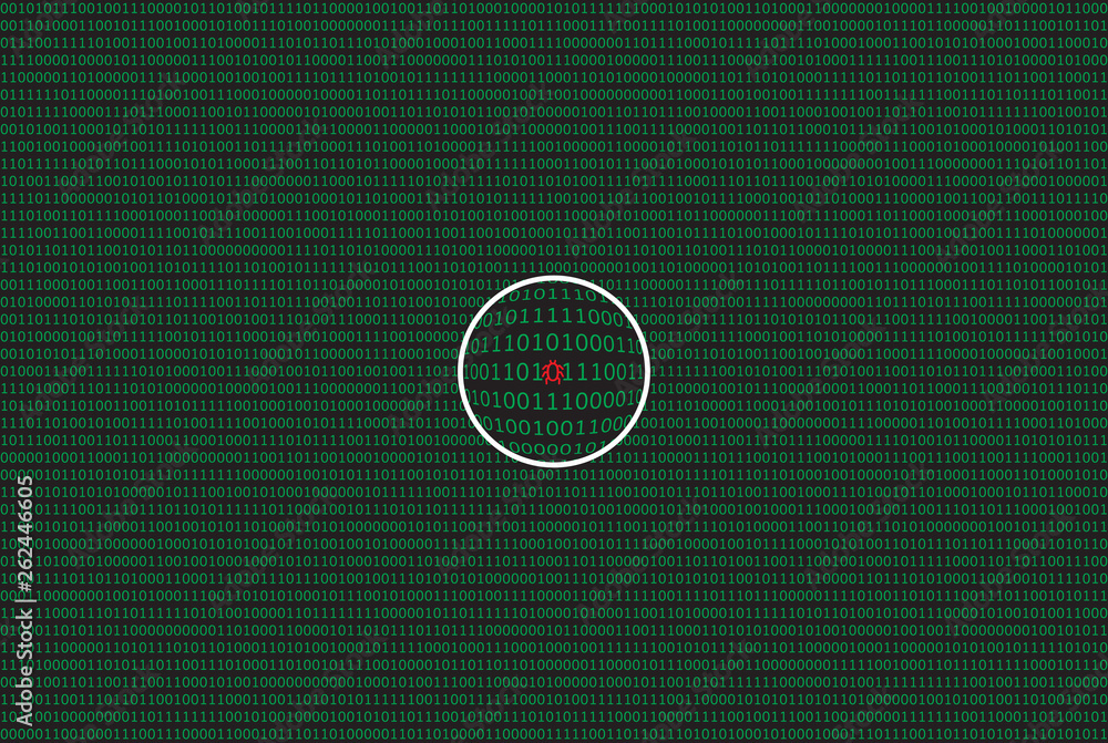 Poster computer data by 0 and 1 in green color on dark background. with magnifier and symbol of bug