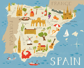 Vector high detailed vector map of Spain with cities and symbols of Spain.
