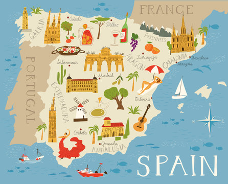 Vector high detailed vector map of Spain with cities and symbols of Spain.