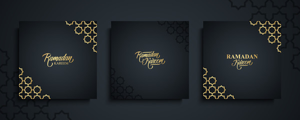 Ramadan Kareem greeting cards set. Ramadan holiday invitations templates collection with hand drawn lettering and gold arabic pattern. Vector illustration. - obrazy, fototapety, plakaty