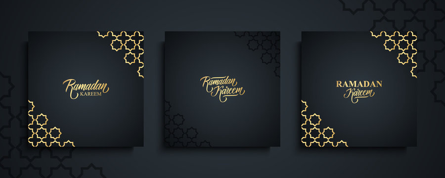 Ramadan Kareem greeting cards set. Ramadan holiday invitations templates collection with hand drawn lettering and gold arabic pattern. Vector illustration.