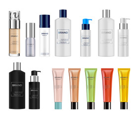 Set vector bottles of empty and clean multicolor plastic and glass containers:  bottles with spray, dispenser and dropper, cream jar, tube.  Realistic 3d mockup of cosmetic package. 