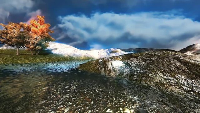 Autumn panoramic animated landscape with a flowing river, snow on the ground and rolling clouds