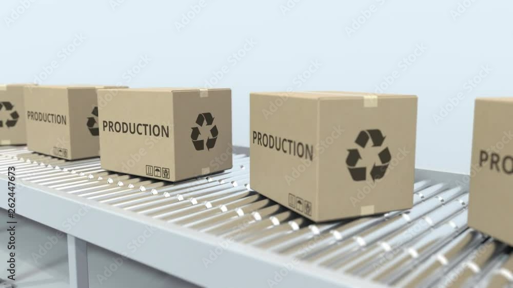 Poster boxes with production text on roller conveyor. loopable 3d animation