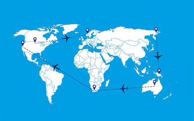 Cartoon pictures of world map infographic template and navigaton icon with airplane on background. All countries are selectable.Can use for printing, website.Vector illustration.