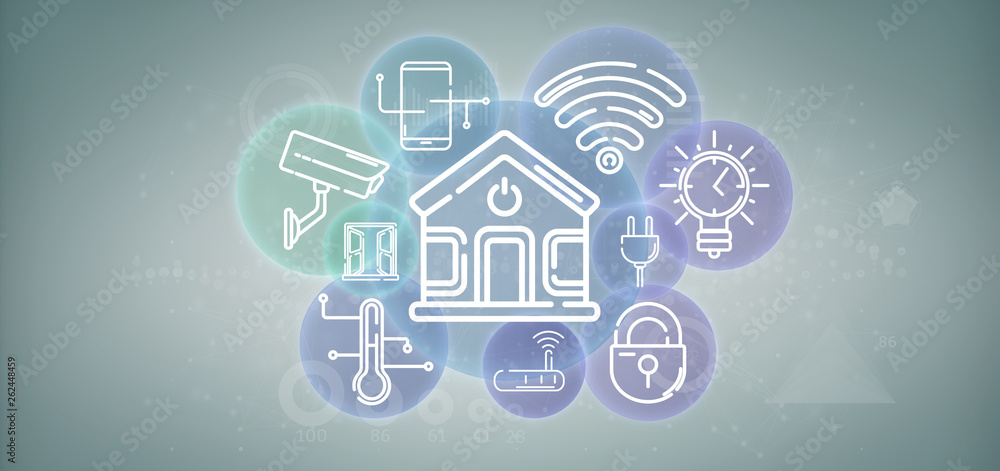 Poster smart home interface with icon, stats and data 3d rendering