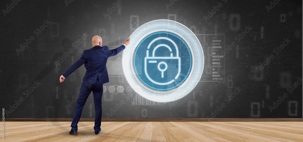 Poster businessman in front of a wall with security padlock wheel icon with stats and binary code 3d render