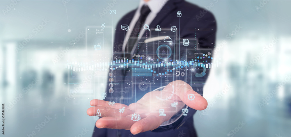 Poster businessman holding user interface screens with icon, stats and data 3d rendering