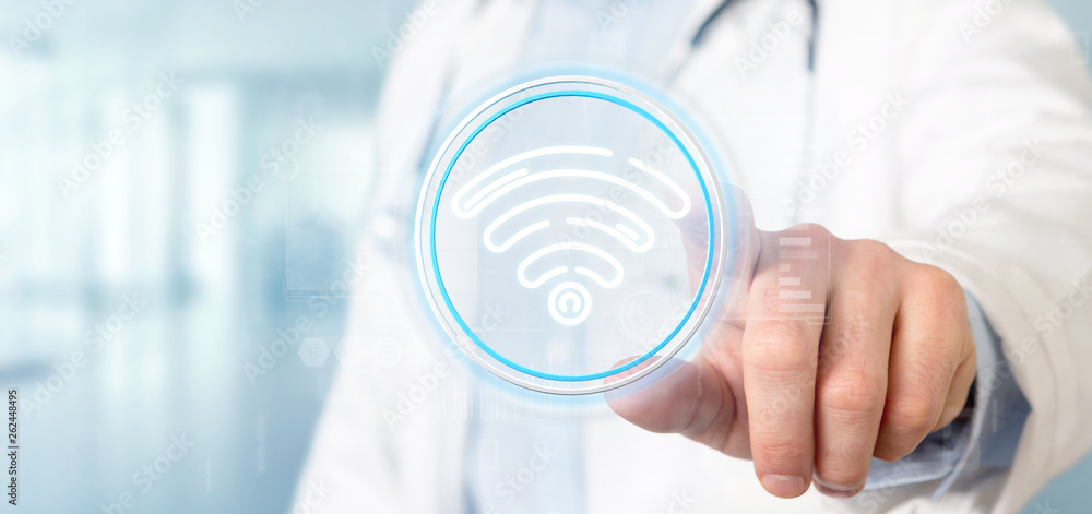 Poster doctor holding wifi icon with stats and binary code 3d rendering