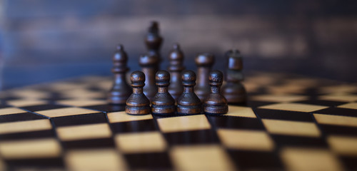 wooden chess set on chess Board
